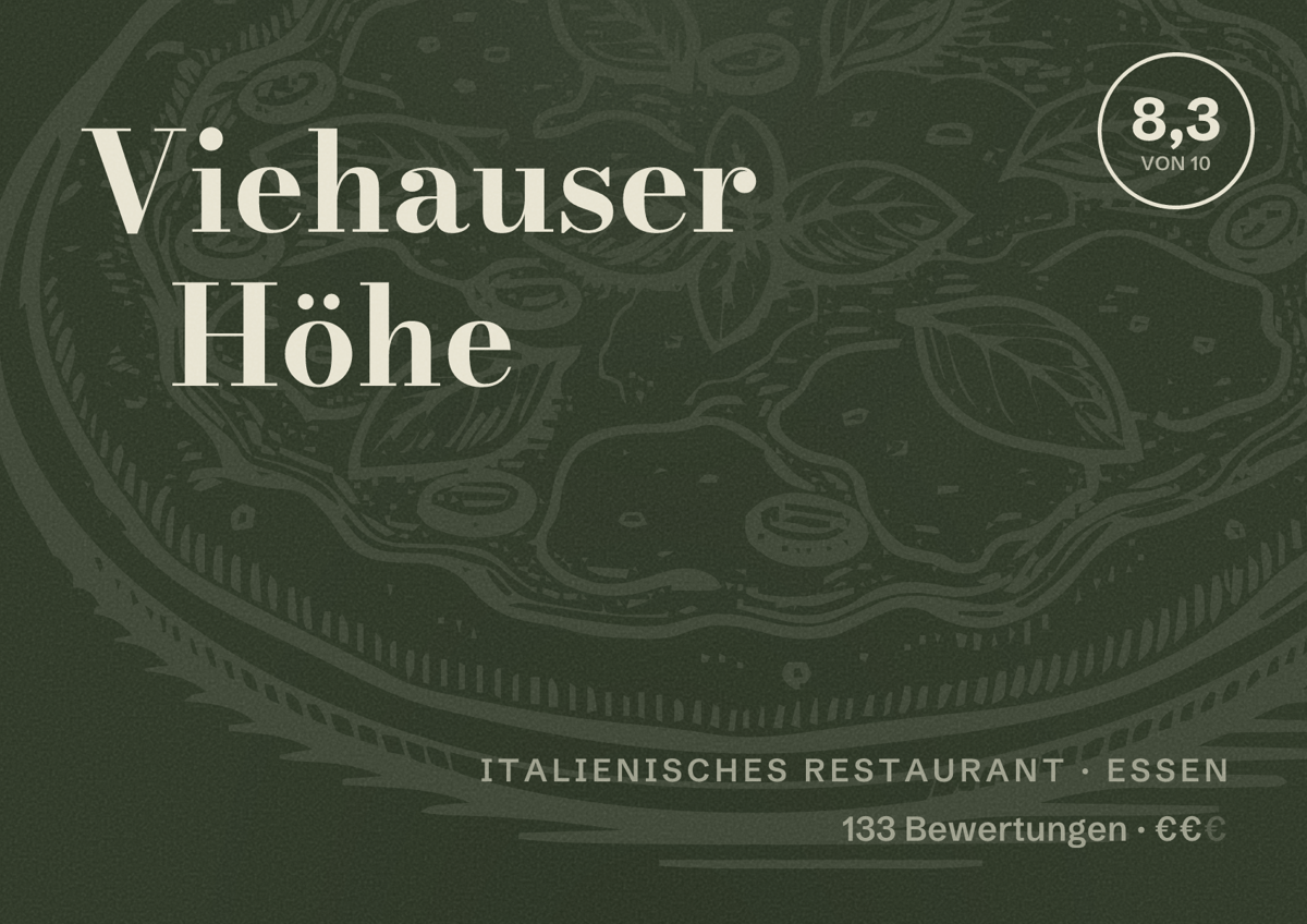 Illustriertes Poster von Viehauser Höhe, Italienisches Restaurant in Essen: Bewertung 8,3 von 10 aus 133 Bewertungen, Preisniveau €€
