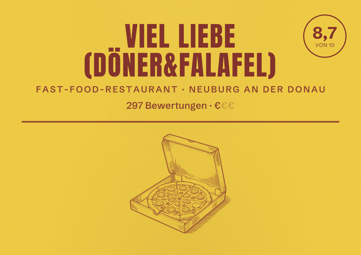 Illustriertes Poster von VIEL LIEBE (Döner&Falafel), Fast-Food-Restaurant in Neuburg an der Donau: Bewertung 8,7 von 10 aus 297 Bewertungen, Preisniveau €