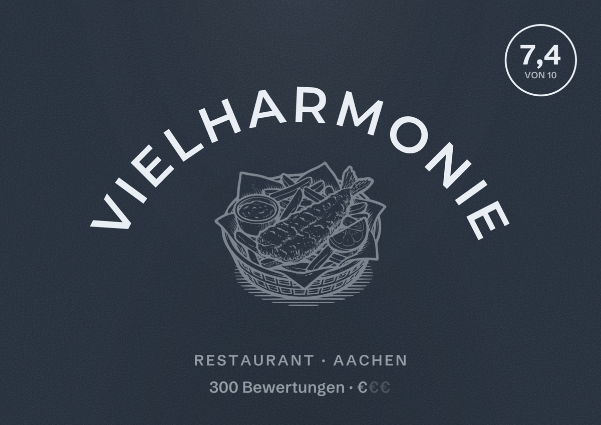 Illustriertes Poster von Vielharmonie, Restaurant in Aachen: Bewertung 7,4 von 10 aus 300 Bewertungen, Preisniveau €
