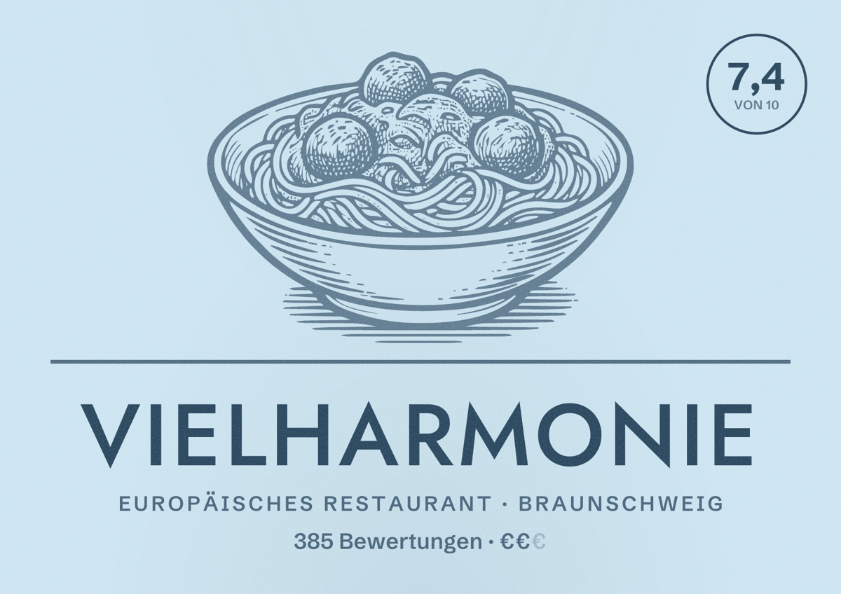 Illustriertes Poster von Vielharmonie, Europäisches Restaurant in Braunschweig: Bewertung 7,4 von 10 aus 385 Bewertungen, Preisniveau €€