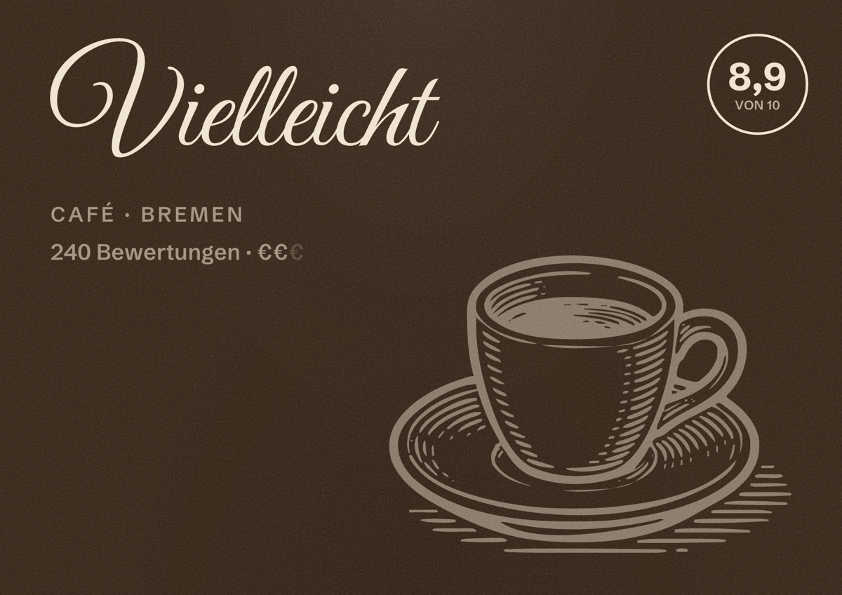 Illustriertes Poster von Vielleicht, Café in Bremen: Bewertung 8,9 von 10 aus 240 Bewertungen, Preisniveau €€