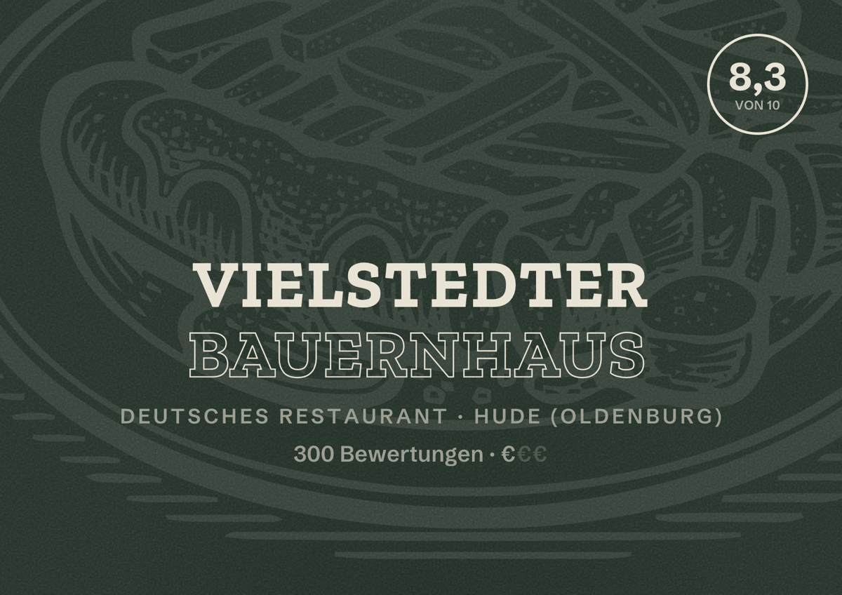 Illustriertes Poster von Vielstedter Bauernhaus, Deutsches Restaurant in Hude (Oldenburg): Bewertung 8,3 von 10 aus 300 Bewertungen, Preisniveau €