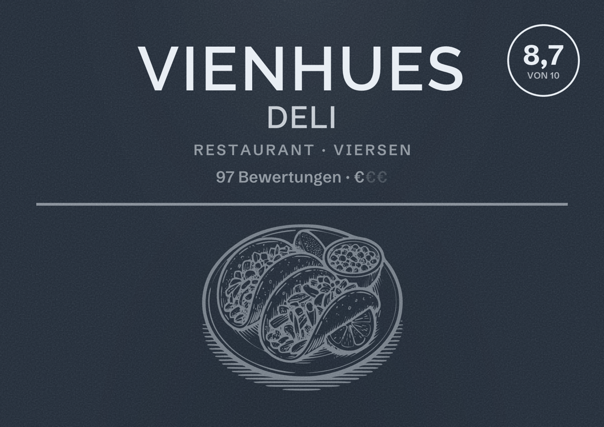 Illustriertes Poster von Vienhues DELi, Restaurant in Viersen: Bewertung 8,7 von 10 aus 97 Bewertungen, Preisniveau €