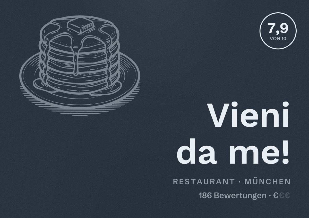 Illustriertes Poster von Vieni da me!, Restaurant in München: Bewertung 7,9 von 10 aus 186 Bewertungen, Preisniveau €