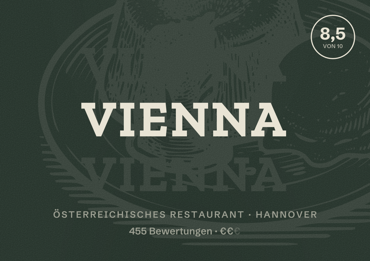 Illustriertes Poster von Vienna, Österreichisches Restaurant in Hannover: Bewertung 8,5 von 10 aus 455 Bewertungen, Preisniveau €€