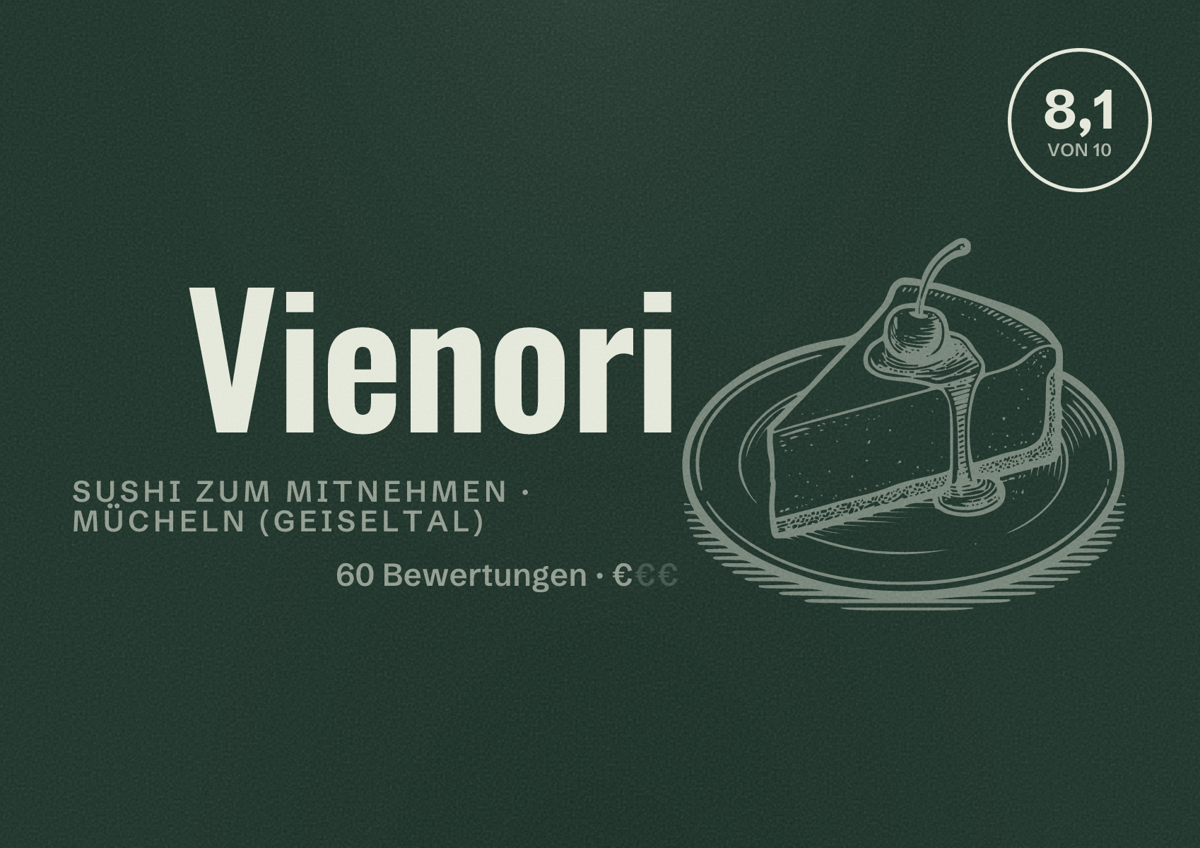Illustriertes Poster von Vienori, Sushi zum Mitnehmen in Mücheln (Geiseltal): Bewertung 8,1 von 10 aus 60 Bewertungen, Preisniveau €