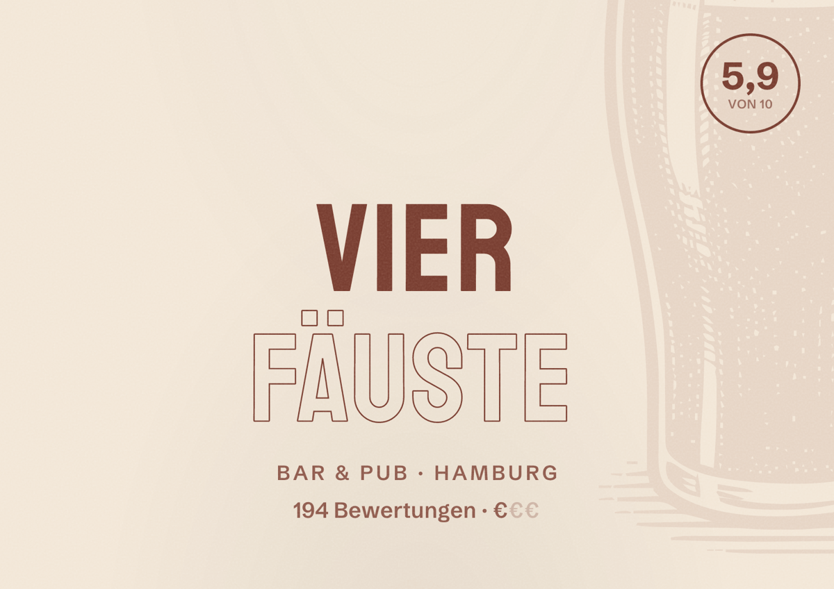 Illustriertes Poster von Vier Fäuste, Bar & Pub in Hamburg: Bewertung 5,9 von 10 aus 194 Bewertungen, Preisniveau €