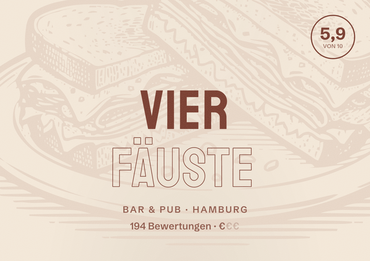 Illustriertes Poster von Vier Fäuste, Bar & Pub in Hamburg: Bewertung 5,9 von 10 aus 194 Bewertungen, Preisniveau €