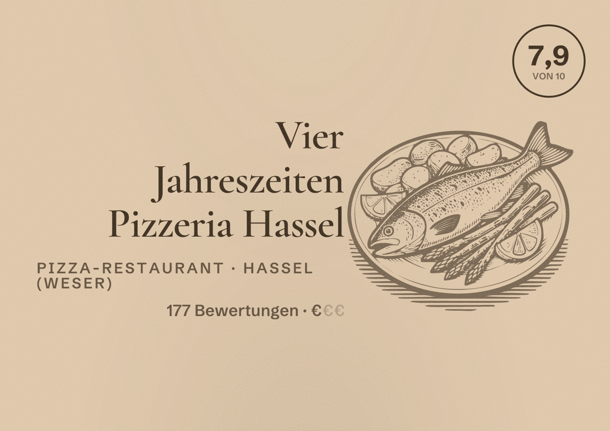 Illustriertes Poster von Vier Jahreszeiten Pizzeria Hassel, Pizza-Restaurant in Hassel (Weser): Bewertung 7,9 von 10 aus 177 Bewertungen, Preisniveau €