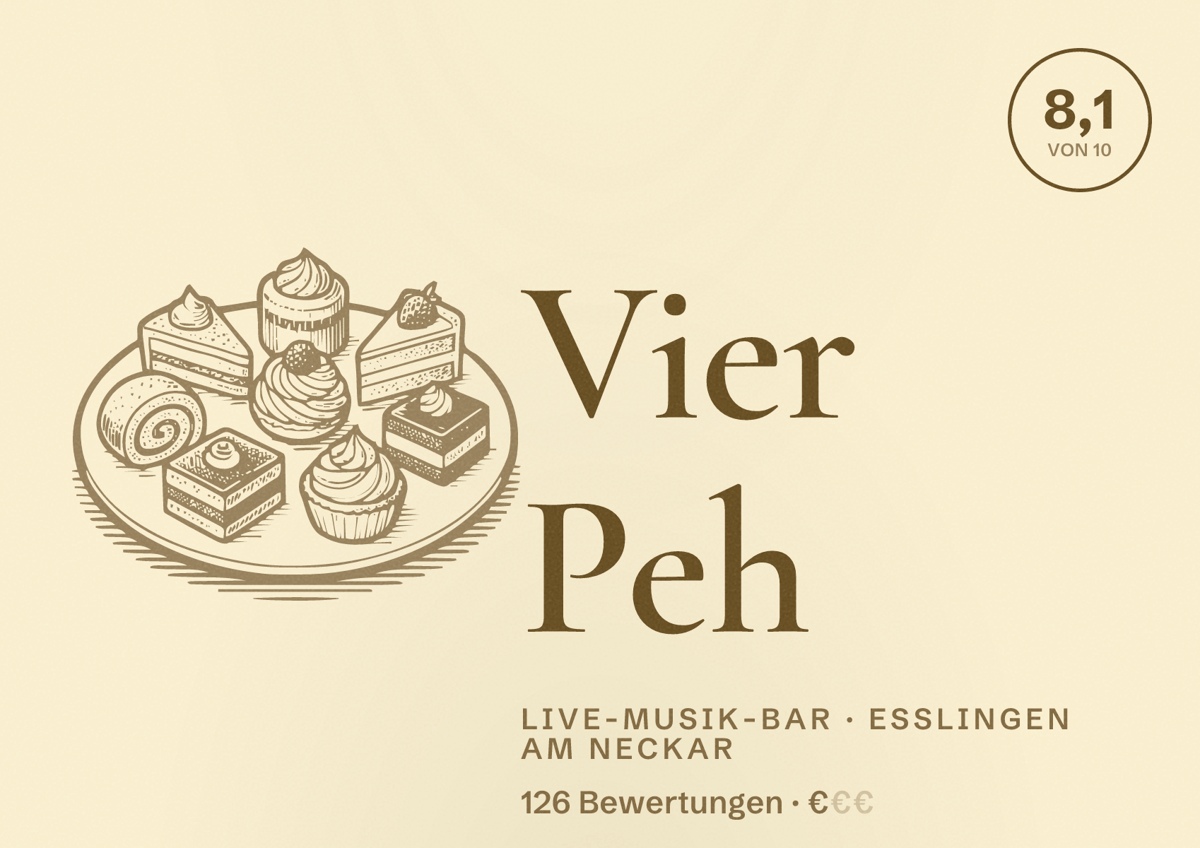 Illustriertes Poster von Vier Peh, Live-Musik-Bar in Esslingen am Neckar: Bewertung 8,1 von 10 aus 126 Bewertungen, Preisniveau €