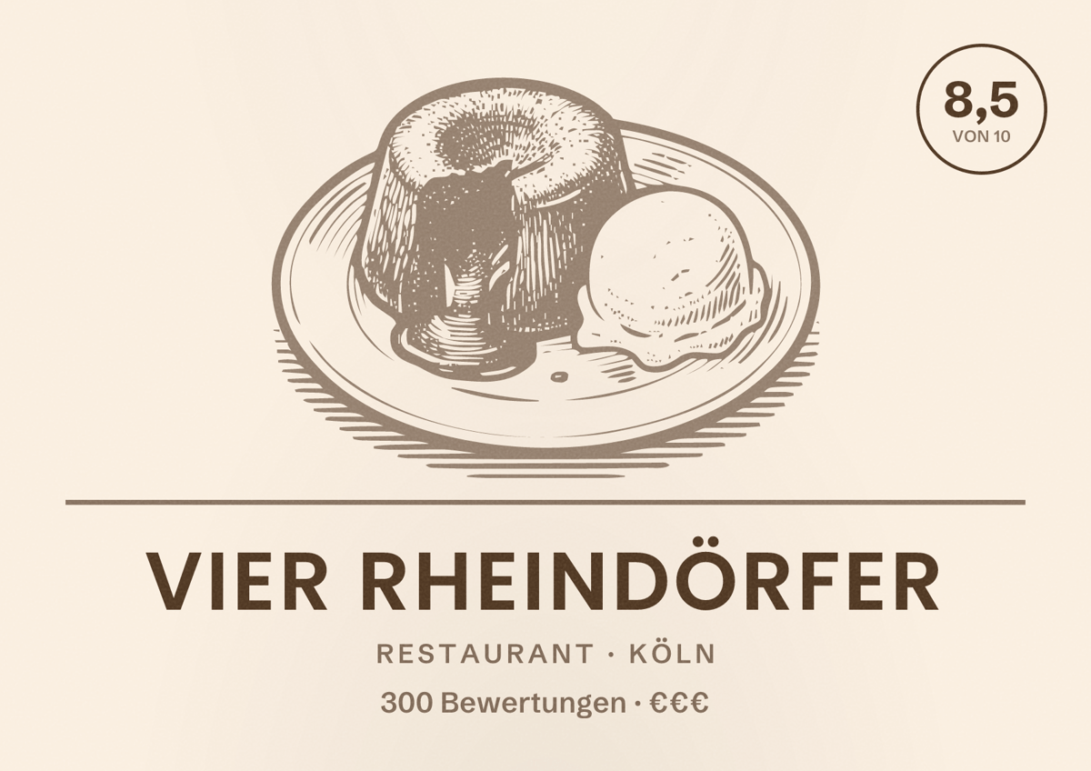 Illustriertes Poster von Vier Rheindörfer, Restaurant in Köln: Bewertung 8,5 von 10 aus 300 Bewertungen, Preisniveau €€€