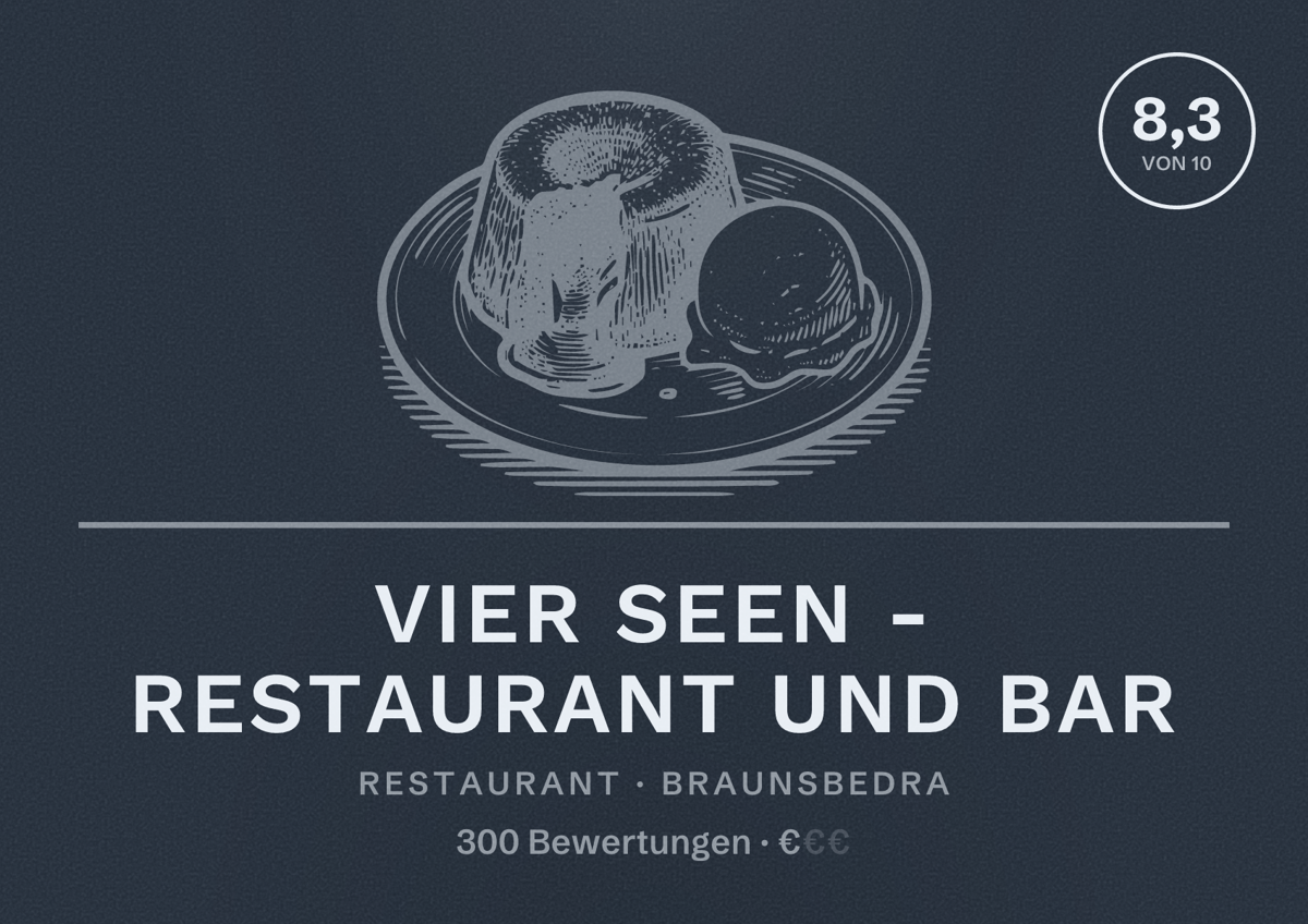 Illustriertes Poster von Vier Seen - Restaurant und Bar, Restaurant in Braunsbedra: Bewertung 8,3 von 10 aus 300 Bewertungen, Preisniveau €