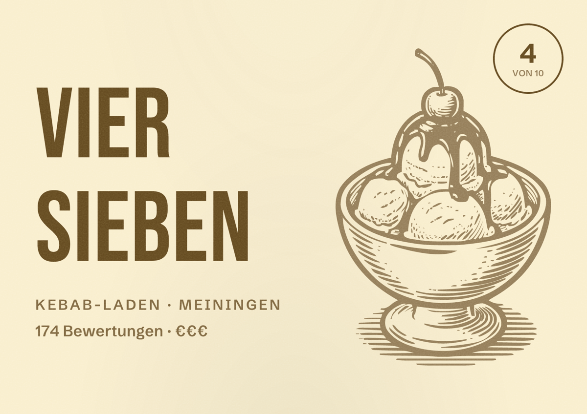 Illustriertes Poster von Vier Sieben, Kebab-Laden in Meiningen: Bewertung 4 von 10 aus 174 Bewertungen, Preisniveau €€€