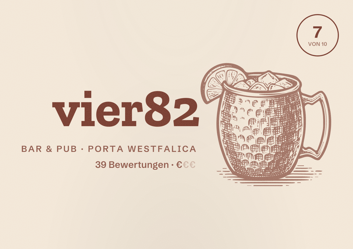 Illustriertes Poster von vier82, Bar & Pub in Porta Westfalica: Bewertung 7 von 10 aus 39 Bewertungen, Preisniveau €