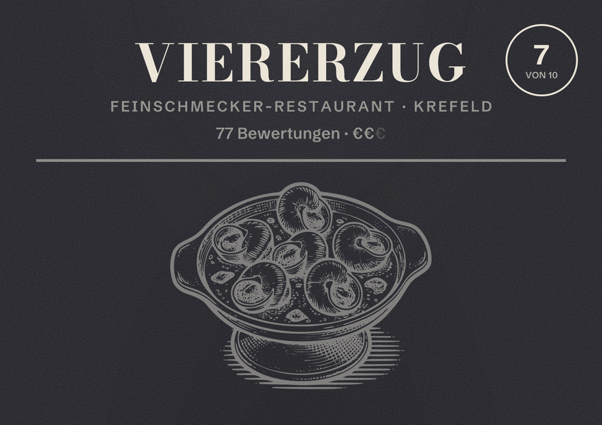 Illustriertes Poster von Viererzug, Feinschmecker-Restaurant in Krefeld: Bewertung 7 von 10 aus 77 Bewertungen, Preisniveau €€