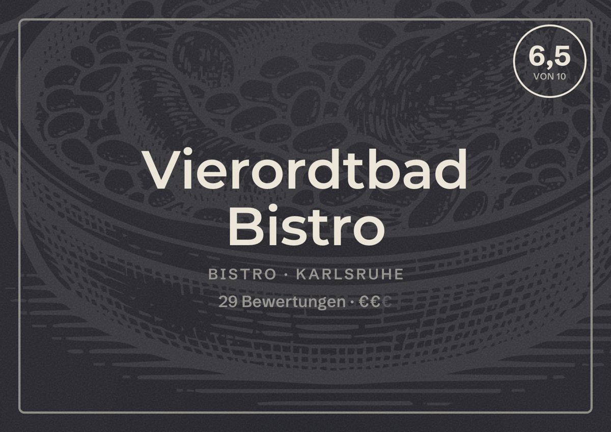 Illustriertes Poster von Vierordtbad Bistro, Bistro in Karlsruhe: Bewertung 6,5 von 10 aus 29 Bewertungen, Preisniveau €€