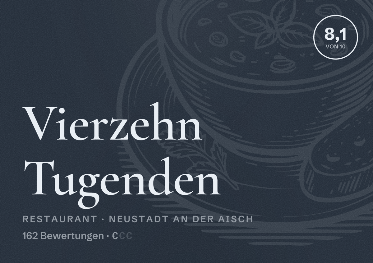 Illustriertes Poster von Vierzehn Tugenden, Restaurant in Neustadt an der Aisch: Bewertung 8,1 von 10 aus 162 Bewertungen, Preisniveau €
