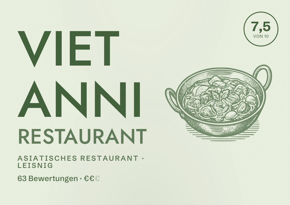 Illustriertes Poster von Viet Anni Restaurant, Asiatisches Restaurant in Leisnig: Bewertung 7,5 von 10 aus 63 Bewertungen, Preisniveau €€