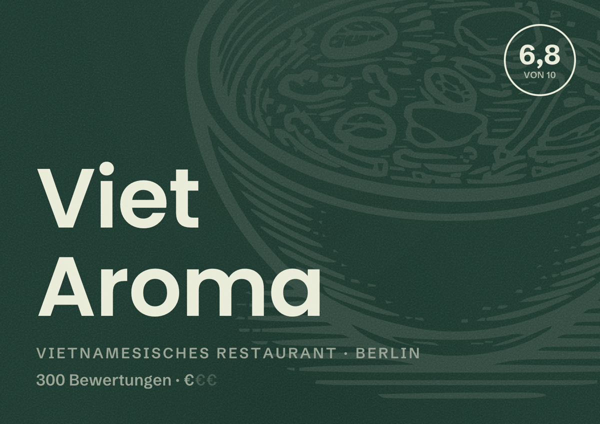 Illustriertes Poster von Viet Aroma, Vietnamesisches Restaurant in Berlin: Bewertung 6,8 von 10 aus 300 Bewertungen, Preisniveau €
