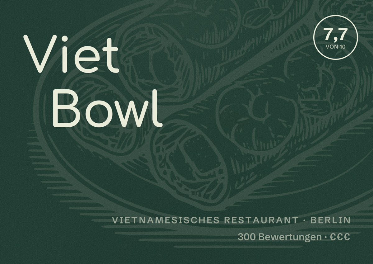 Illustriertes Poster von Viet Bowl, Vietnamesisches Restaurant in Berlin: Bewertung 7,7 von 10 aus 300 Bewertungen, Preisniveau €€€