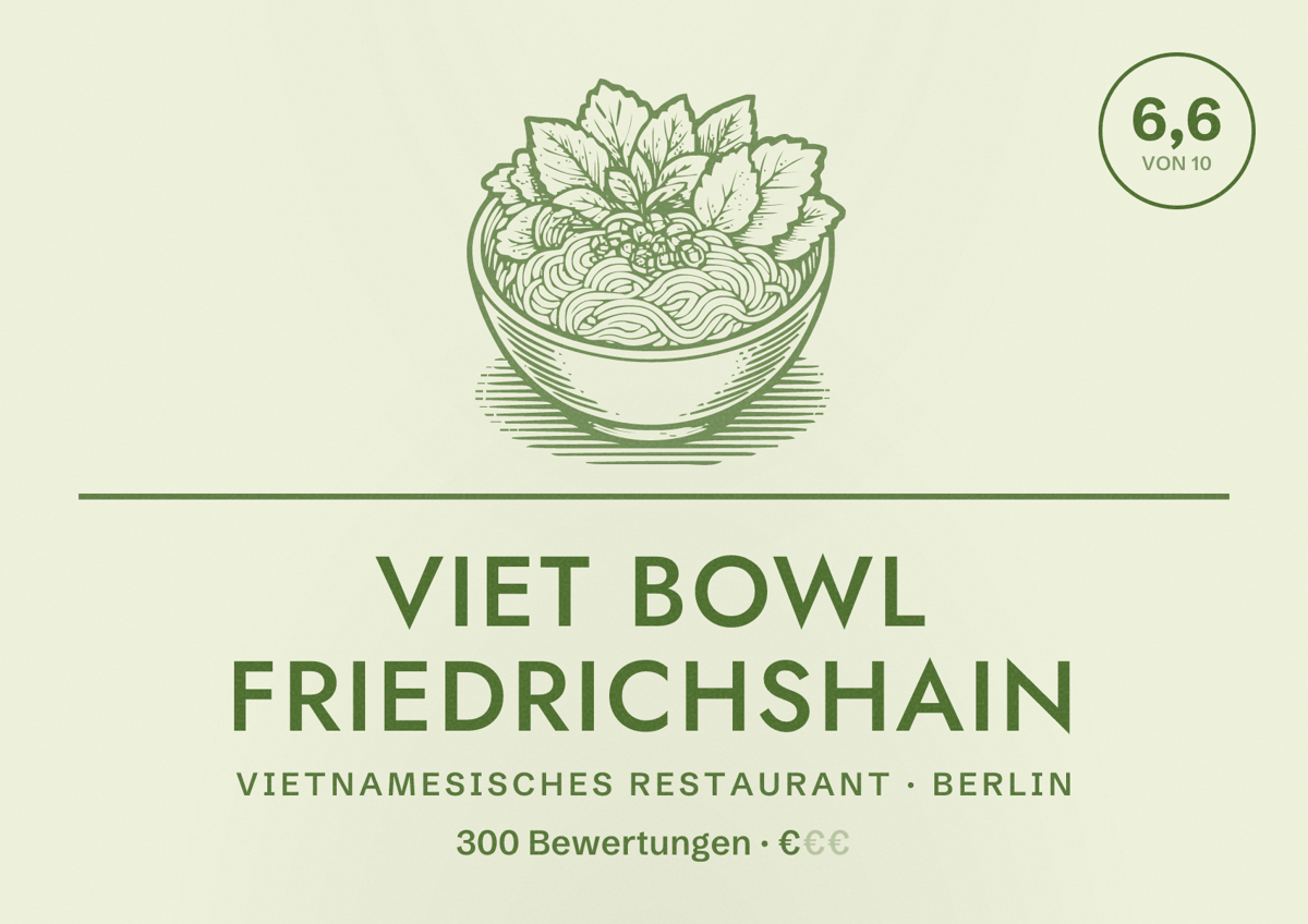Illustriertes Poster von Viet Bowl Friedrichshain, Vietnamesisches Restaurant in Berlin: Bewertung 6,6 von 10 aus 300 Bewertungen, Preisniveau €