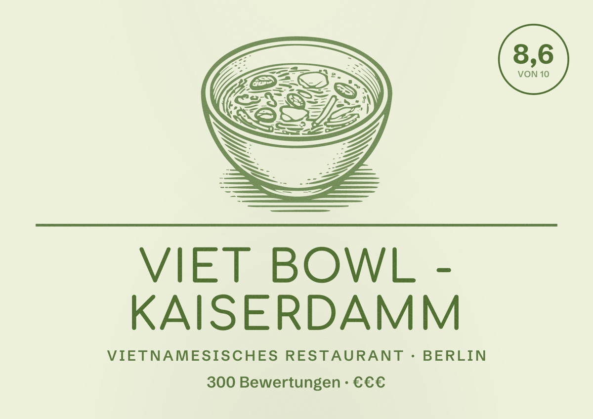 Illustriertes Poster von VIET BOWL - Kaiserdamm, Vietnamesisches Restaurant in Berlin: Bewertung 8,6 von 10 aus 300 Bewertungen, Preisniveau €€€