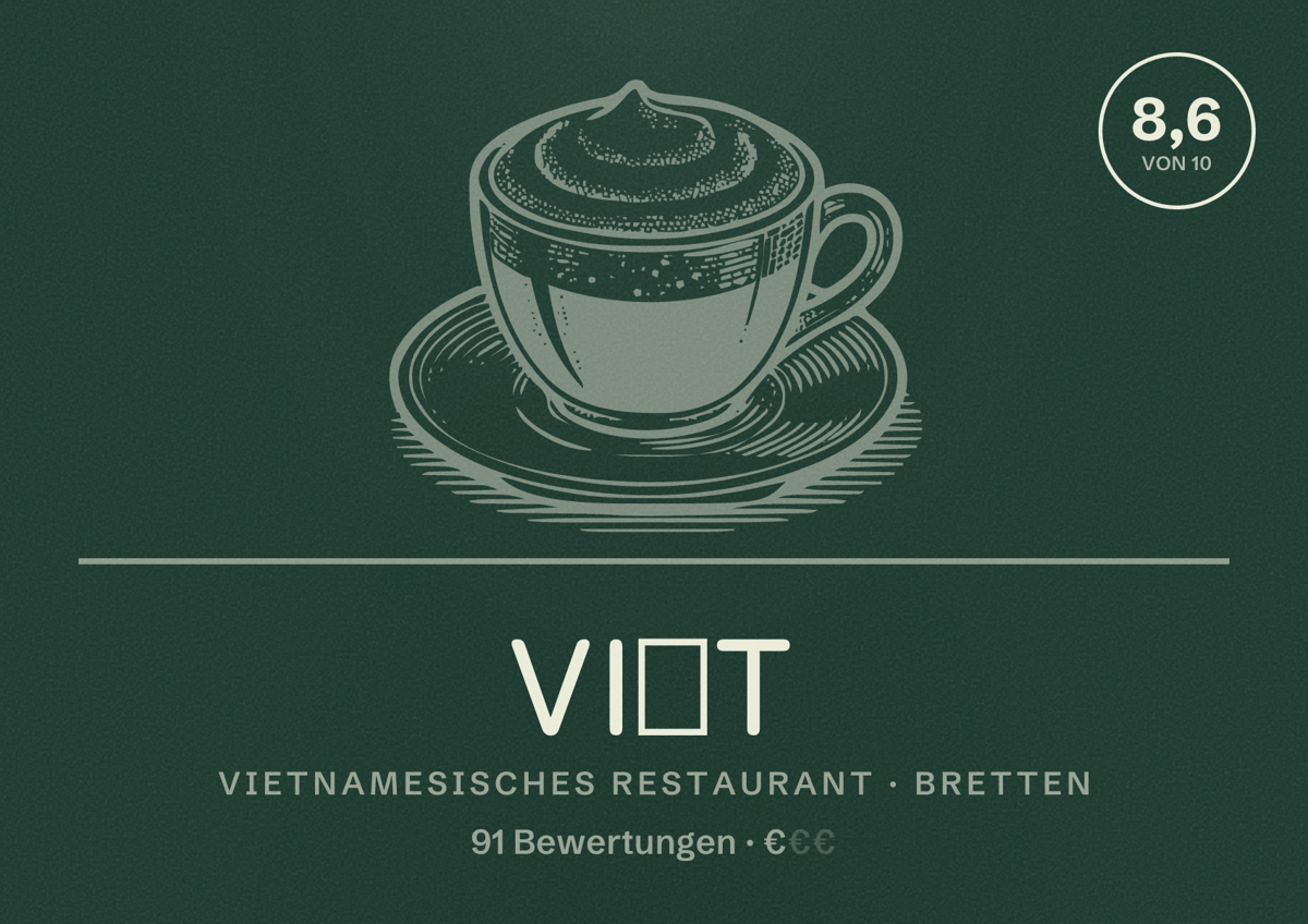 Illustriertes Poster von Việt, Vietnamesisches Restaurant in Bretten: Bewertung 8,6 von 10 aus 91 Bewertungen, Preisniveau €