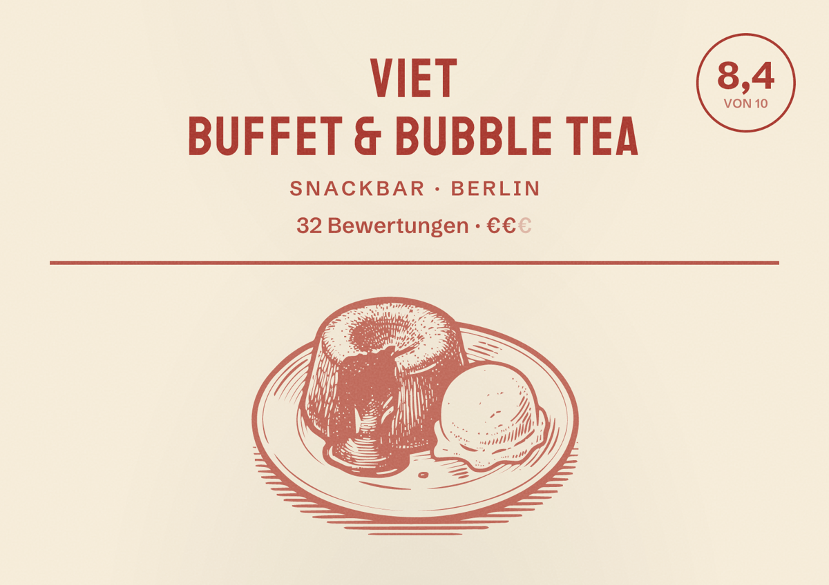 Illustriertes Poster von Viet Buffet & Bubble Tea, Snackbar in Berlin: Bewertung 8,4 von 10 aus 32 Bewertungen, Preisniveau €€