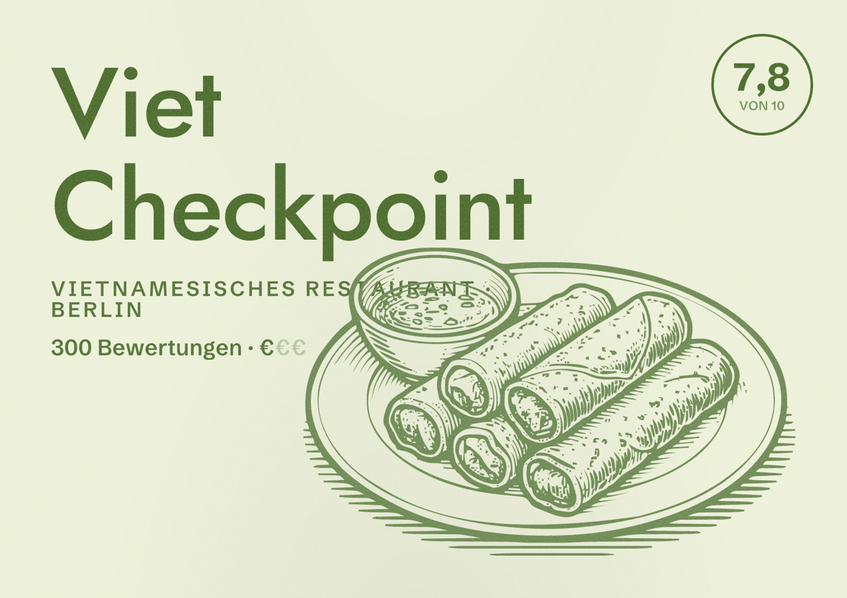 Illustriertes Poster von Viet Checkpoint, Vietnamesisches Restaurant in Berlin: Bewertung 7,8 von 10 aus 300 Bewertungen, Preisniveau €