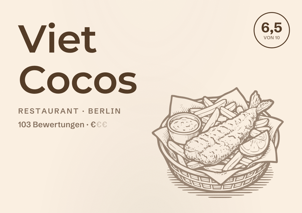 Illustriertes Poster von Viet Cocos, Restaurant in Berlin: Bewertung 6,5 von 10 aus 103 Bewertungen, Preisniveau €