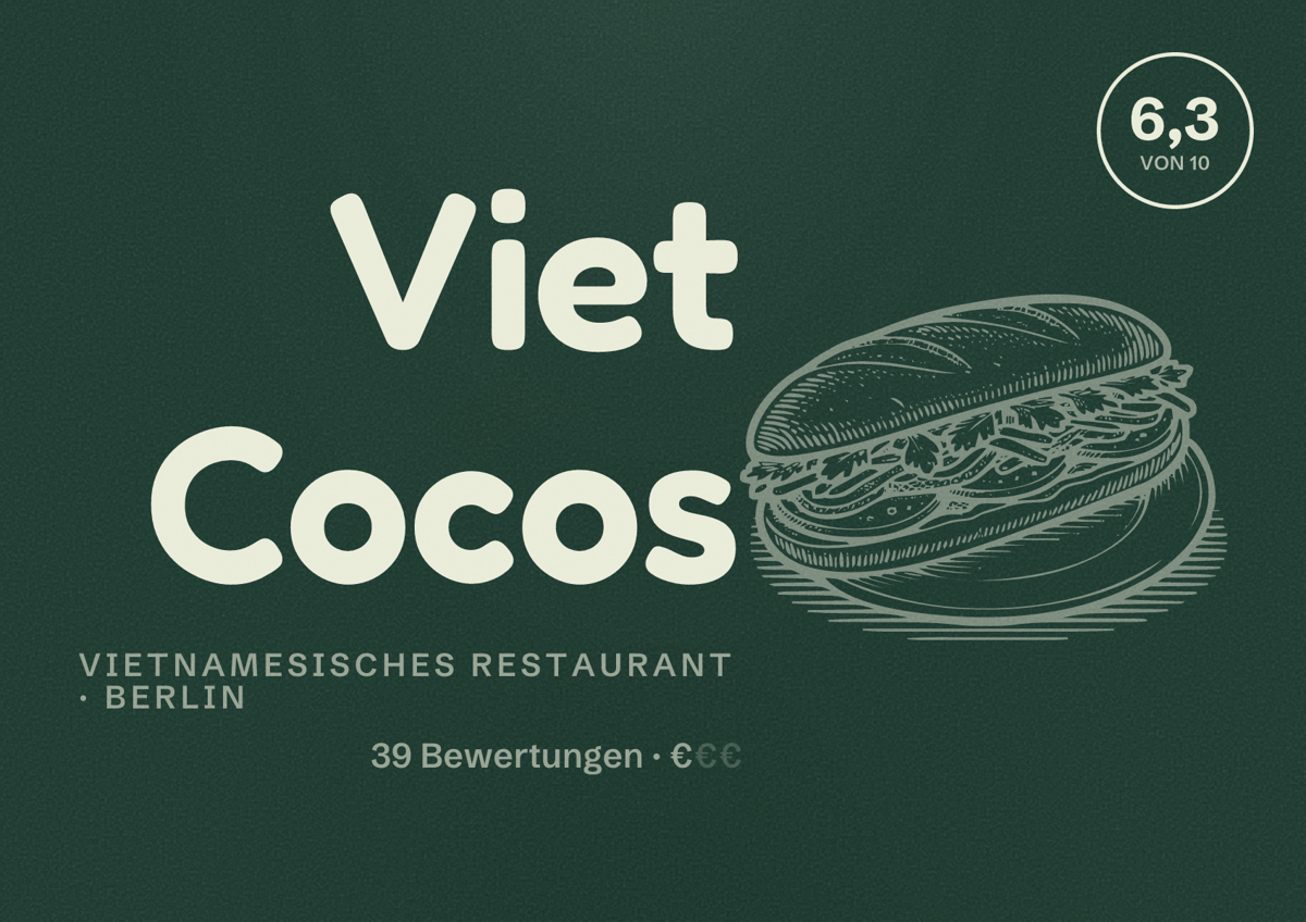 Illustriertes Poster von Viet Cocos, Vietnamesisches Restaurant in Berlin: Bewertung 6,3 von 10 aus 39 Bewertungen, Preisniveau €