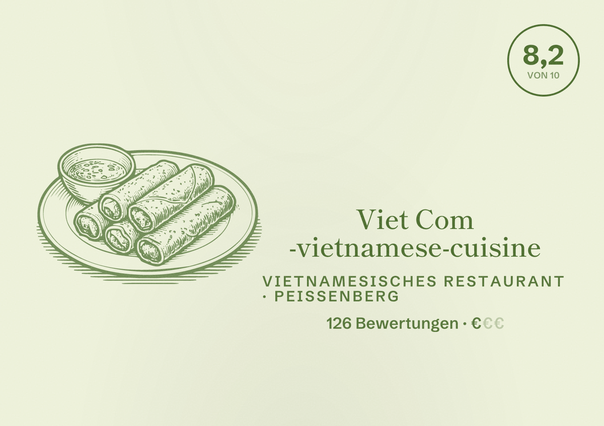 Illustriertes Poster von Viet Com -vietnamese-cuisine, Vietnamesisches Restaurant in Peißenberg: Bewertung 8,2 von 10 aus 126 Bewertungen, Preisniveau €
