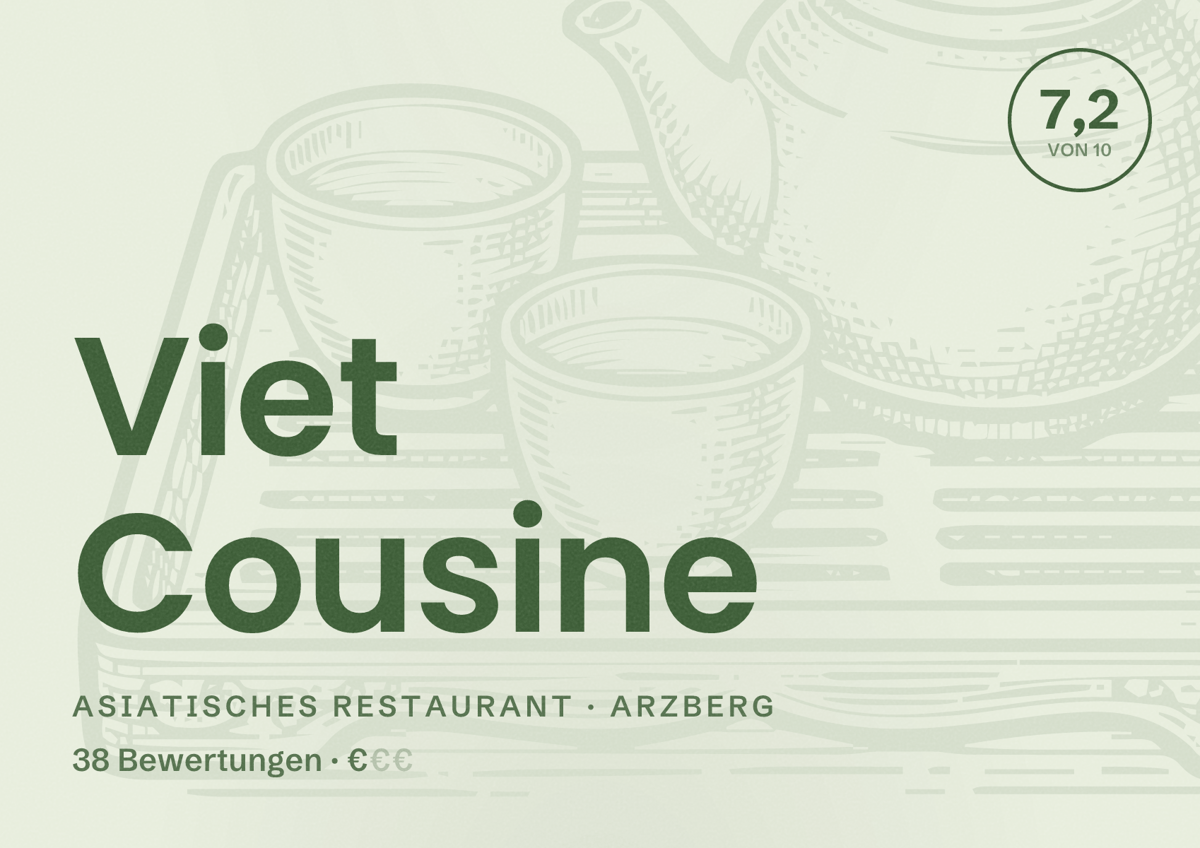 Illustriertes Poster von Viet Cousine, Asiatisches Restaurant in Arzberg: Bewertung 7,2 von 10 aus 38 Bewertungen, Preisniveau €
