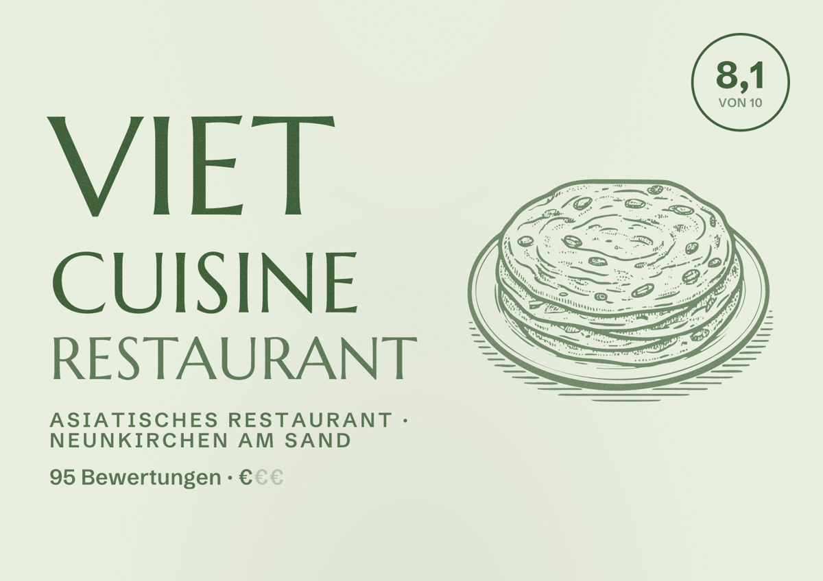 Illustriertes Poster von Viet Cuisine Restaurant, Asiatisches Restaurant in Neunkirchen am Sand: Bewertung 8,1 von 10 aus 95 Bewertungen, Preisniveau €