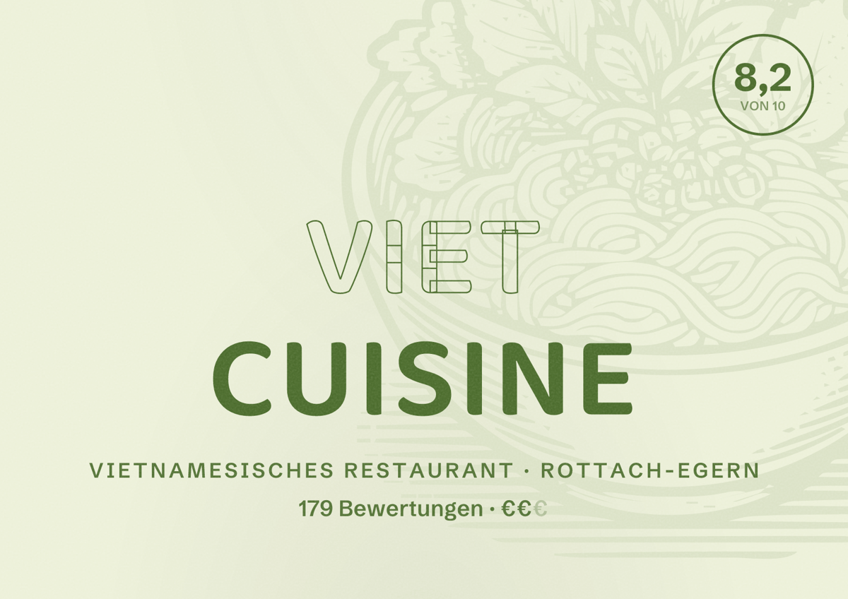 Illustriertes Poster von Viet Cuisine, Vietnamesisches Restaurant in Rottach-Egern: Bewertung 8,2 von 10 aus 179 Bewertungen, Preisniveau €€