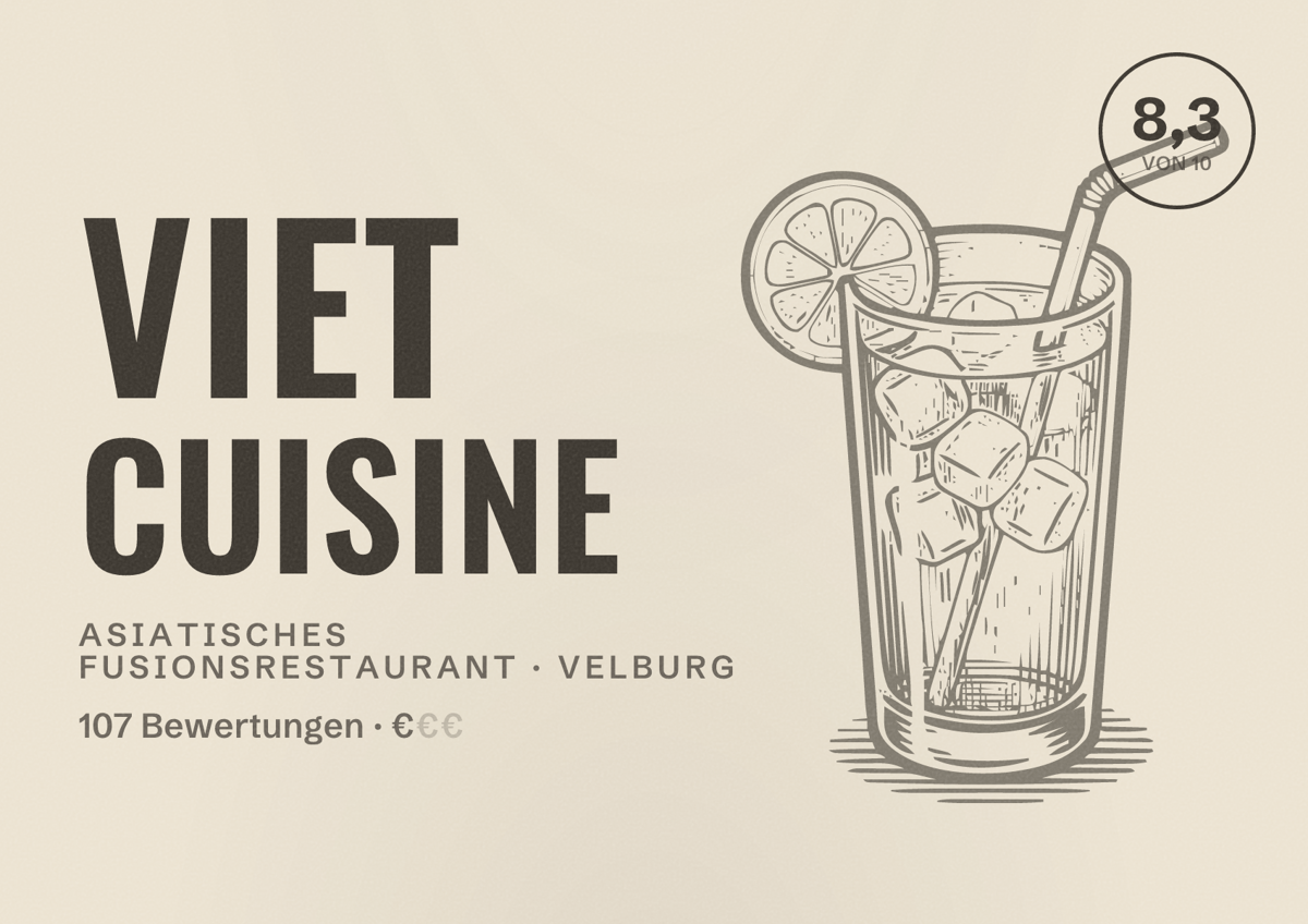 Illustriertes Poster von Viet Cuisine, Asiatisches Fusionsrestaurant in Velburg: Bewertung 8,3 von 10 aus 107 Bewertungen, Preisniveau €