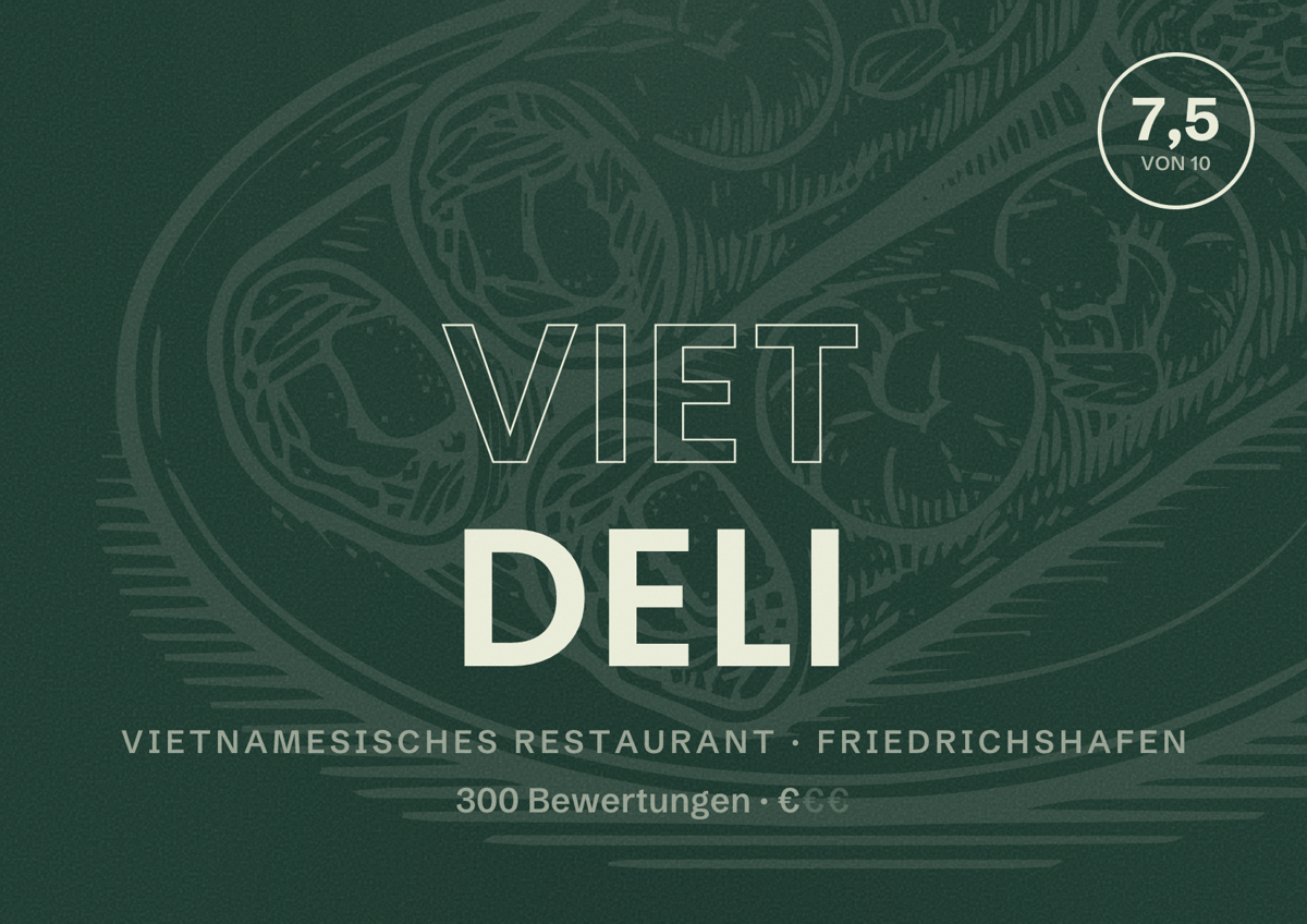 Illustriertes Poster von Viet Deli, Vietnamesisches Restaurant in Friedrichshafen: Bewertung 7,5 von 10 aus 300 Bewertungen, Preisniveau €