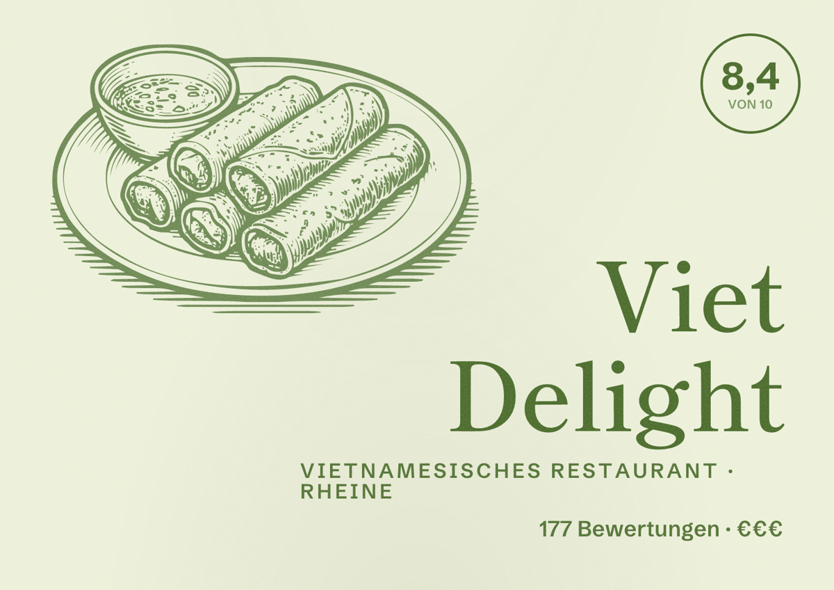 Illustriertes Poster von Viet Delight, Vietnamesisches Restaurant in Rheine: Bewertung 8,4 von 10 aus 177 Bewertungen, Preisniveau €€€