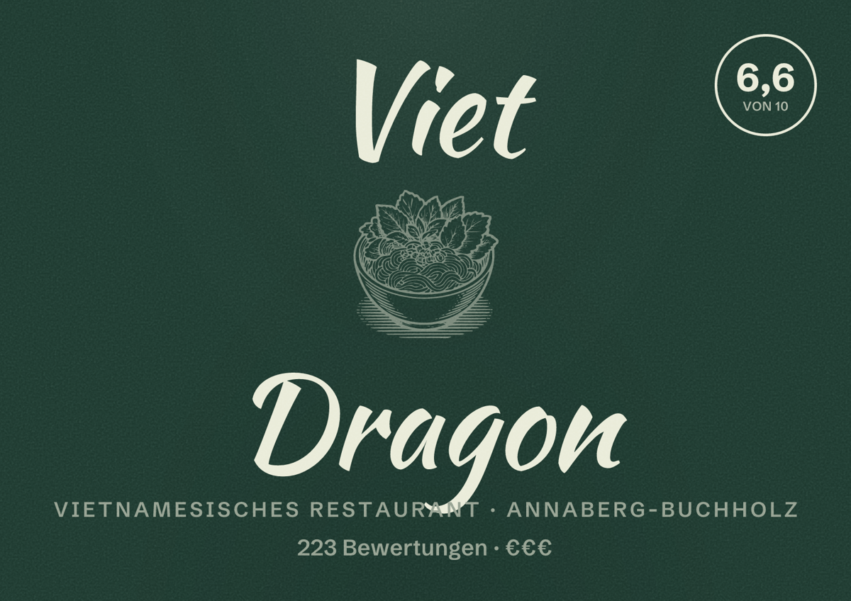 Illustriertes Poster von Viet Dragon, Vietnamesisches Restaurant in Annaberg-Buchholz: Bewertung 6,6 von 10 aus 223 Bewertungen, Preisniveau €€€
