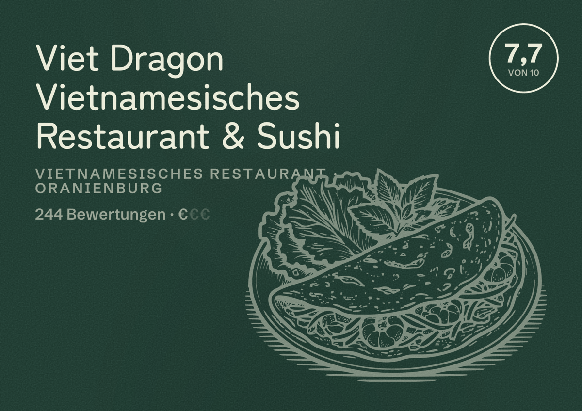 Illustriertes Poster von Viet Dragon Vietnamesisches Restaurant & Sushi, Vietnamesisches Restaurant in Oranienburg: Bewertung 7,7 von 10 aus 244 Bewertungen, Preisniveau €