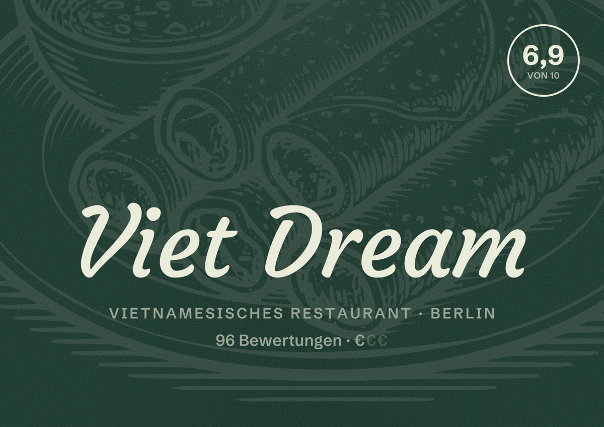 Illustriertes Poster von Viet Dream, Vietnamesisches Restaurant in Berlin: Bewertung 6,9 von 10 aus 96 Bewertungen, Preisniveau €