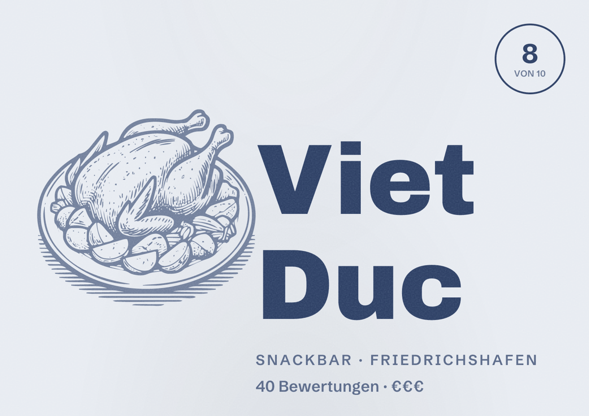 Illustriertes Poster von Viet Duc, Snackbar in Friedrichshafen: Bewertung 8 von 10 aus 40 Bewertungen, Preisniveau €€€