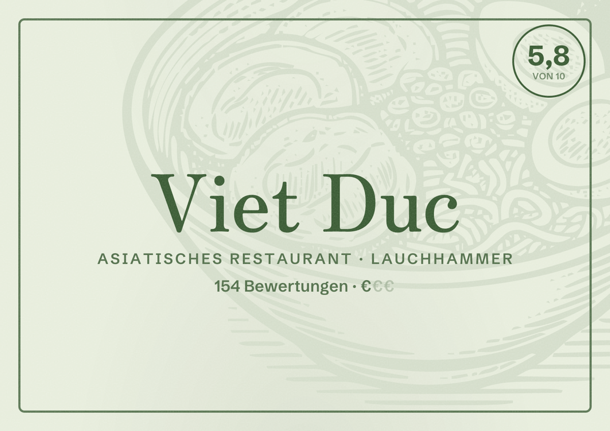 Illustriertes Poster von Viet Duc, Asiatisches Restaurant in Lauchhammer: Bewertung 5,8 von 10 aus 154 Bewertungen, Preisniveau €