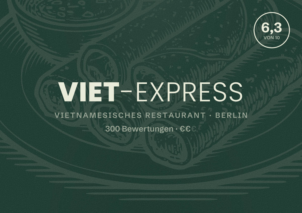 Illustriertes Poster von Viet-Express, Vietnamesisches Restaurant in Berlin: Bewertung 6,3 von 10 aus 300 Bewertungen, Preisniveau €€