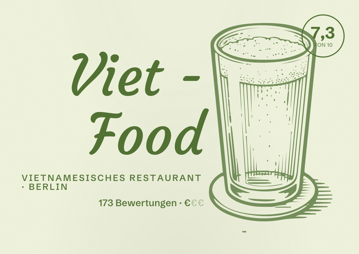 Illustriertes Poster von Viet - Food, Vietnamesisches Restaurant in Berlin: Bewertung 7,3 von 10 aus 173 Bewertungen, Preisniveau €