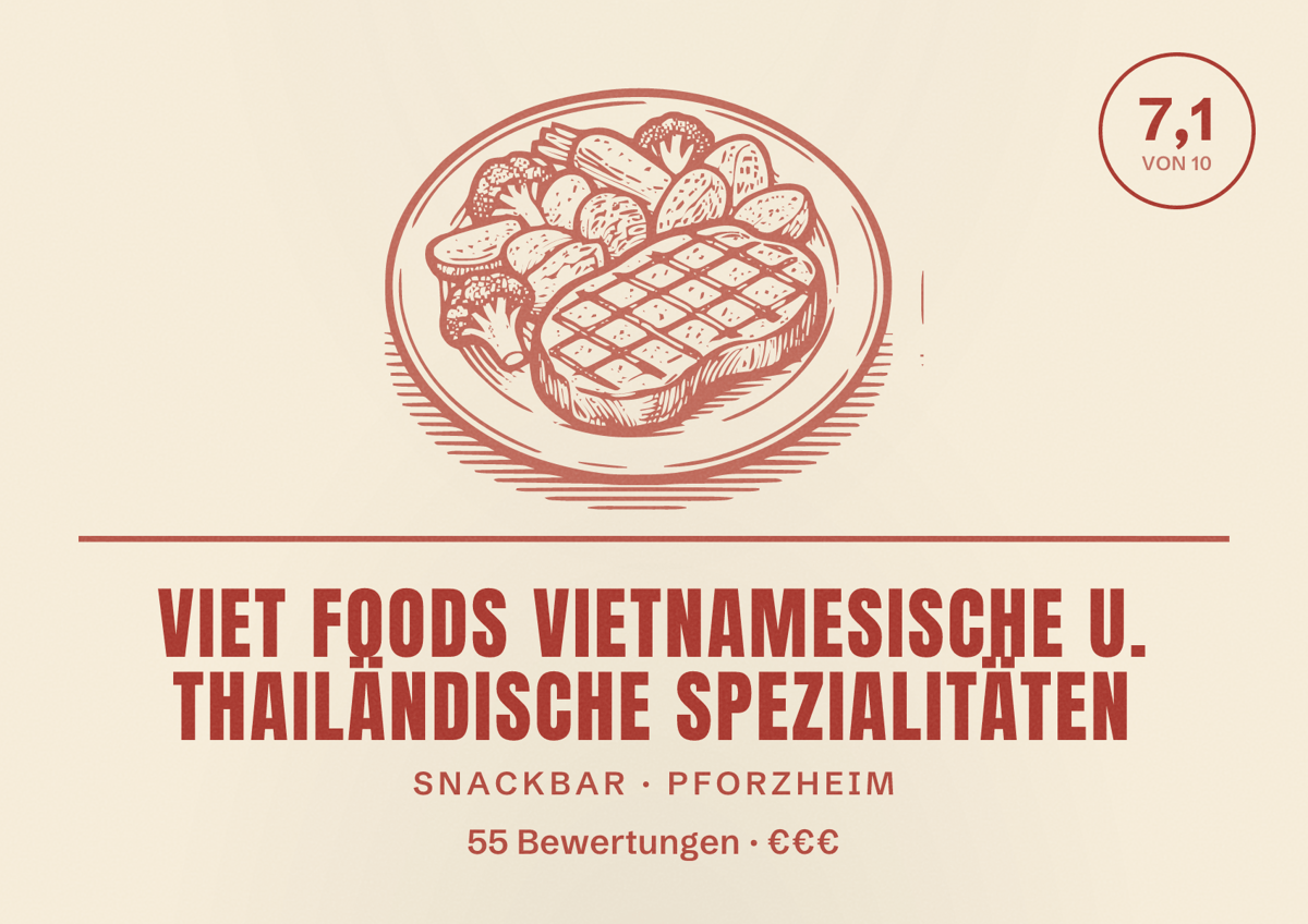 Illustriertes Poster von Viet Foods Vietnamesische u. Thailändische Spezialitäten, Snackbar in Pforzheim: Bewertung 7,1 von 10 aus 55 Bewertungen, Preisniveau €€€
