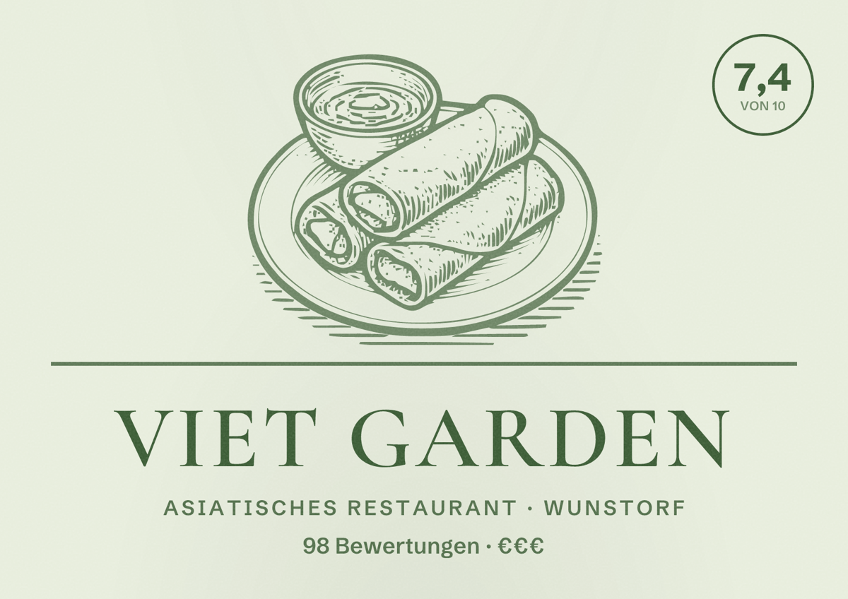 Illustriertes Poster von Viet Garden, Asiatisches Restaurant in Wunstorf: Bewertung 7,4 von 10 aus 98 Bewertungen, Preisniveau €€€