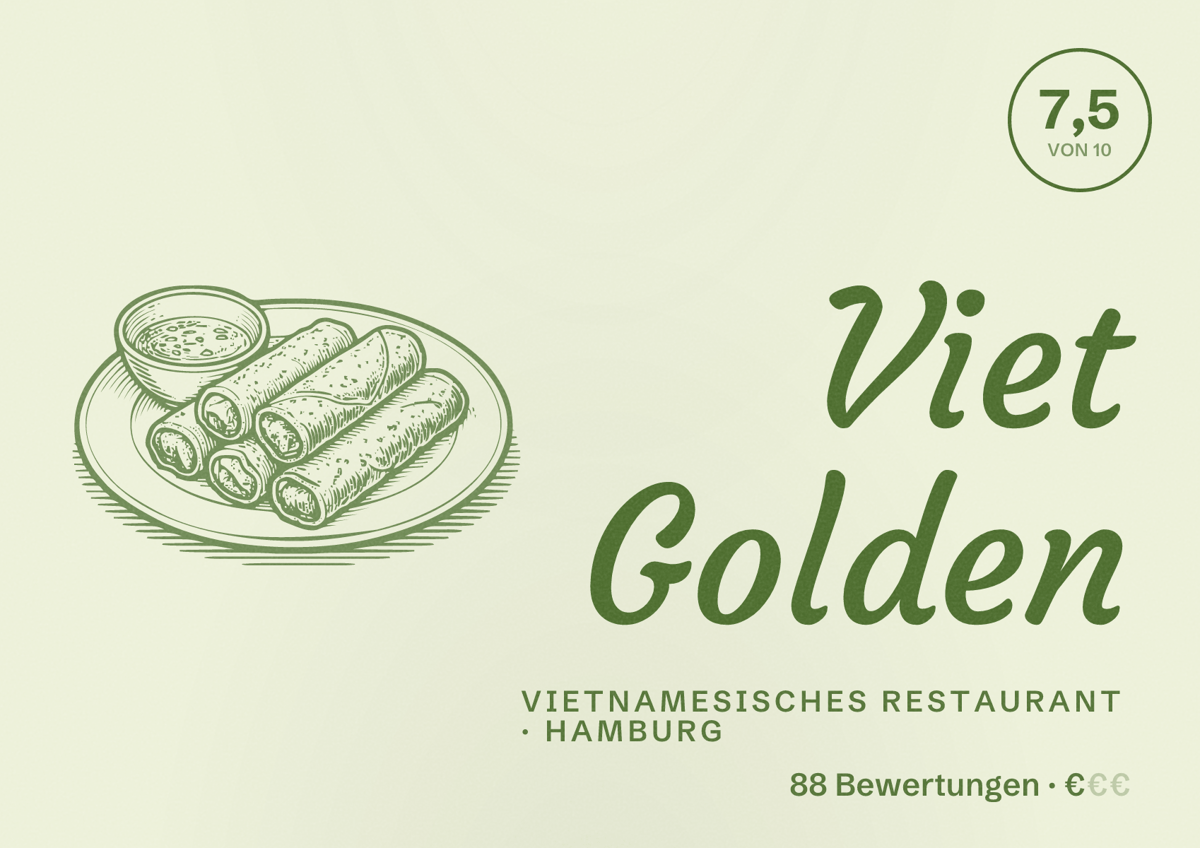 Illustriertes Poster von Viet Golden, Vietnamesisches Restaurant in Hamburg: Bewertung 7,5 von 10 aus 88 Bewertungen, Preisniveau €