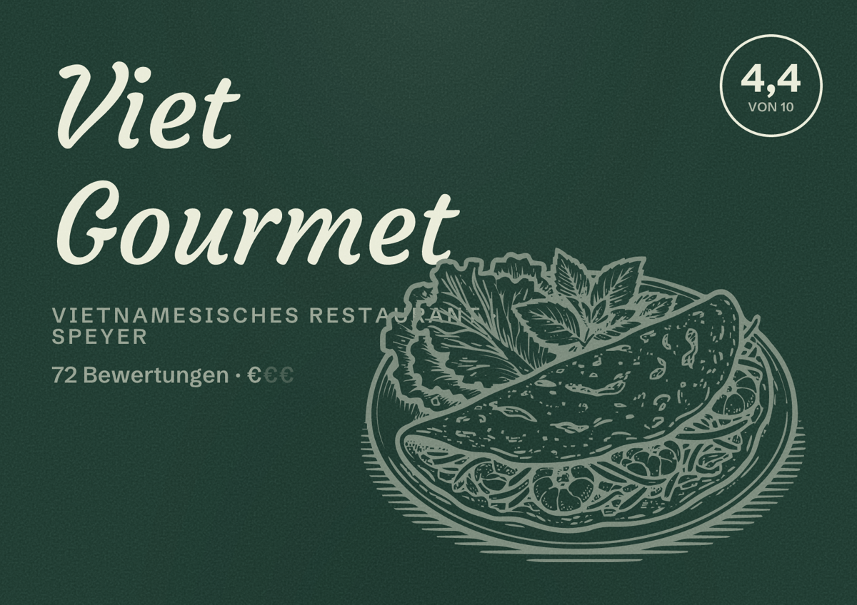 Illustriertes Poster von Viet Gourmet, Vietnamesisches Restaurant in Speyer: Bewertung 4,4 von 10 aus 72 Bewertungen, Preisniveau €