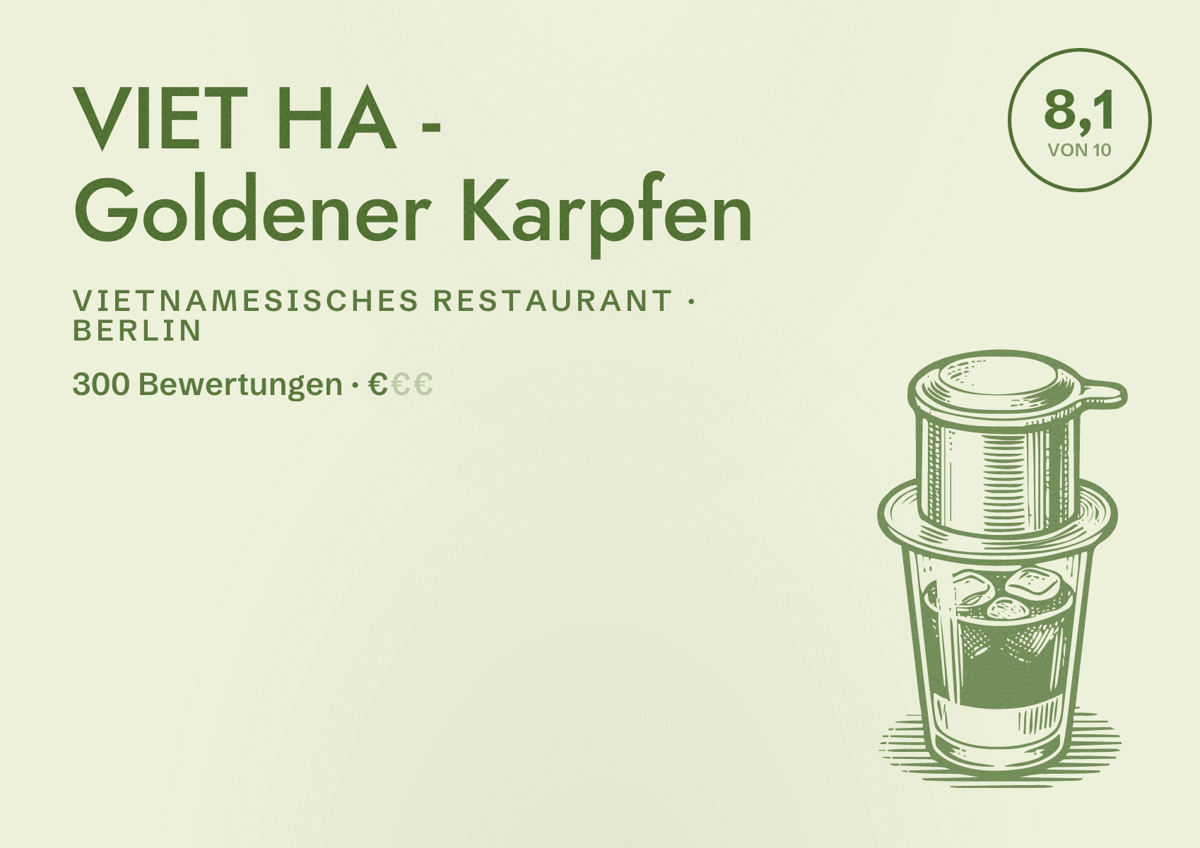 Illustriertes Poster von VIET HA - Goldener Karpfen, Vietnamesisches Restaurant in Berlin: Bewertung 8,1 von 10 aus 300 Bewertungen, Preisniveau €